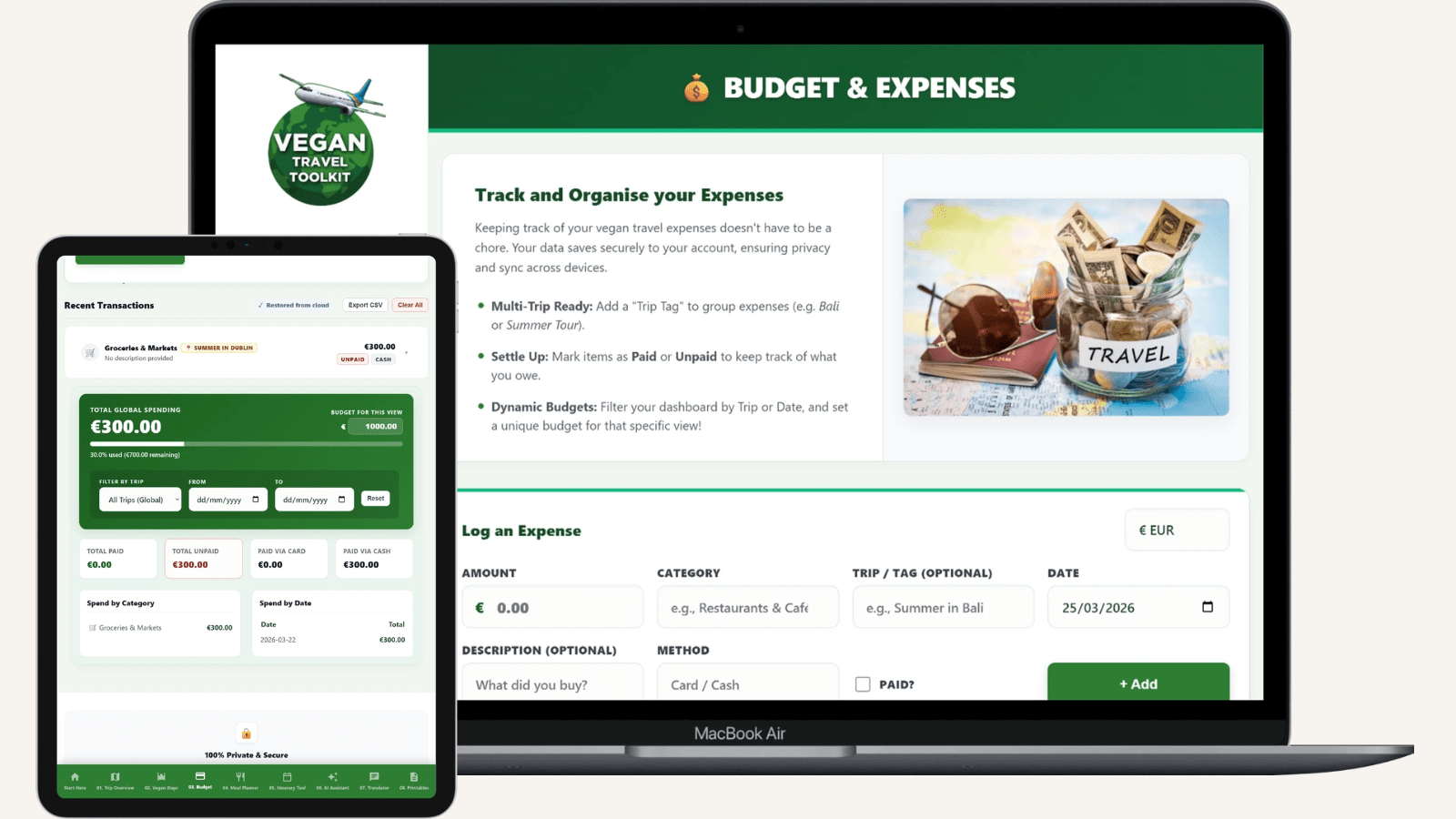 Track and organise travel expenses tool inside the Vegan Travel Toolkit