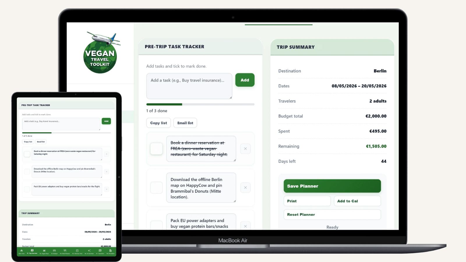 Trip summary page showing itinerary and travel overview
