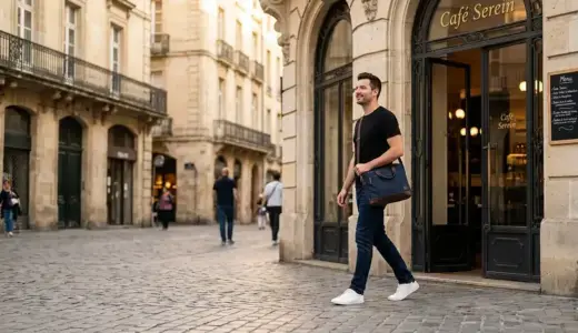 A relaxed man with a navy laptop bag leaving a European cafe after using an online vegan travel journal to organize his upcoming trips.